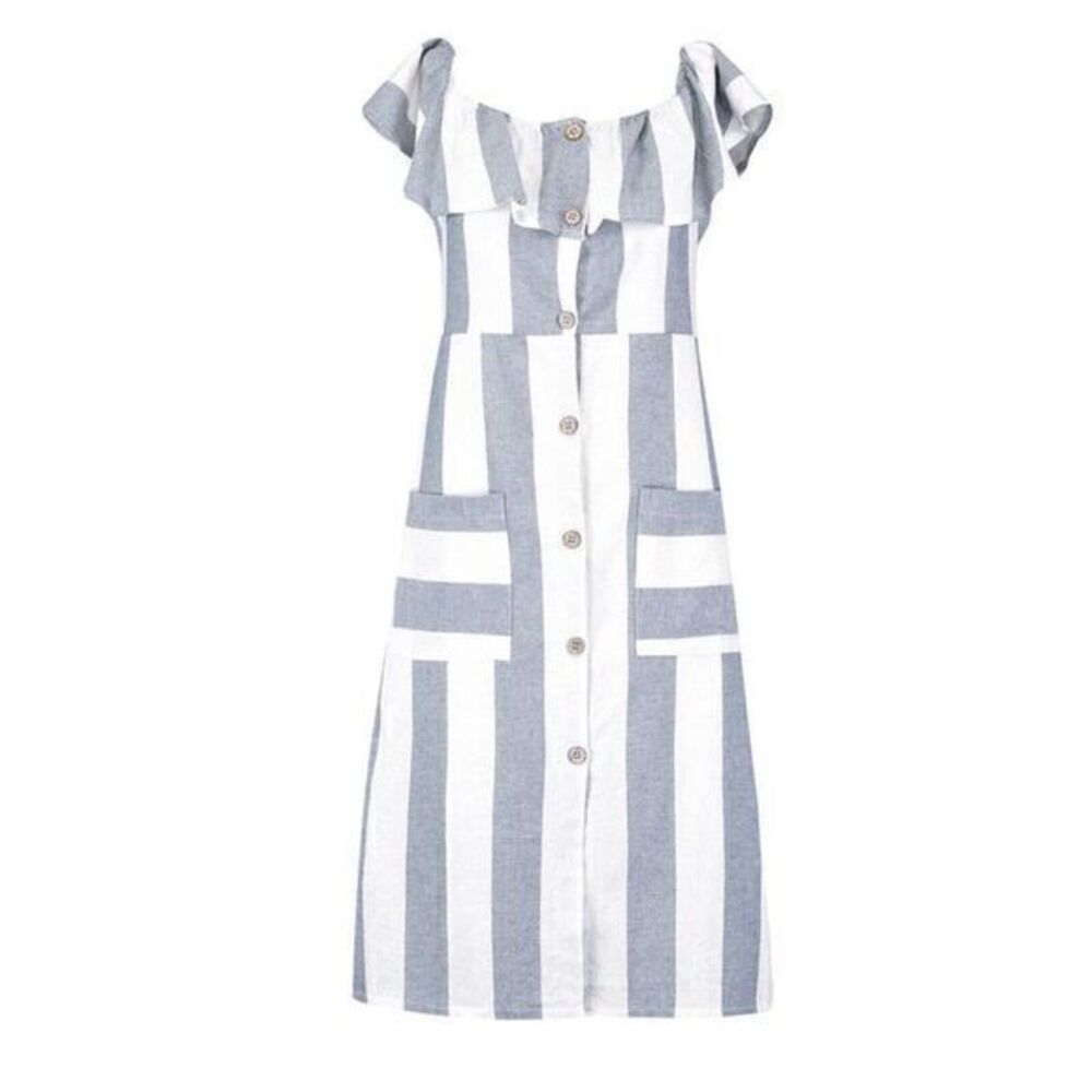 OFF THE SHOULDER WIDE STRIPE MIDI DRESS Cotton‎ Coconut Buttons Coastal Beach M